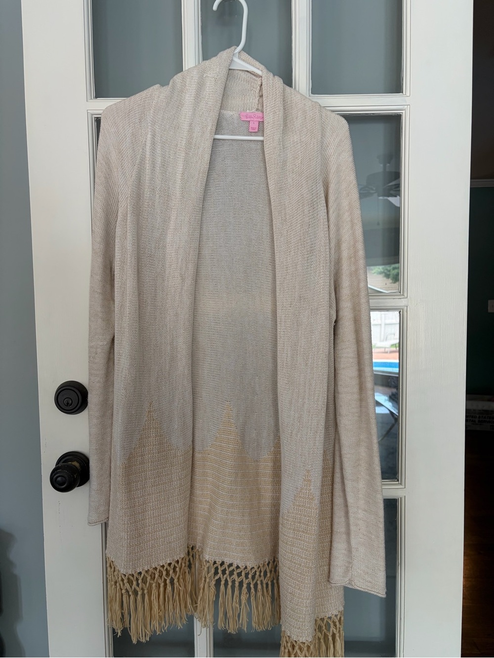 Lilly Pulitzer Light Beige Open-Front Fringe Cardigan Sweater